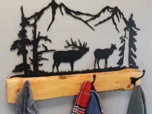 Amish-Made Rustic Coat Rack With 3 Hooks - Pine Wood Coat Hanger with Wilderness Metal Art Silhouette
