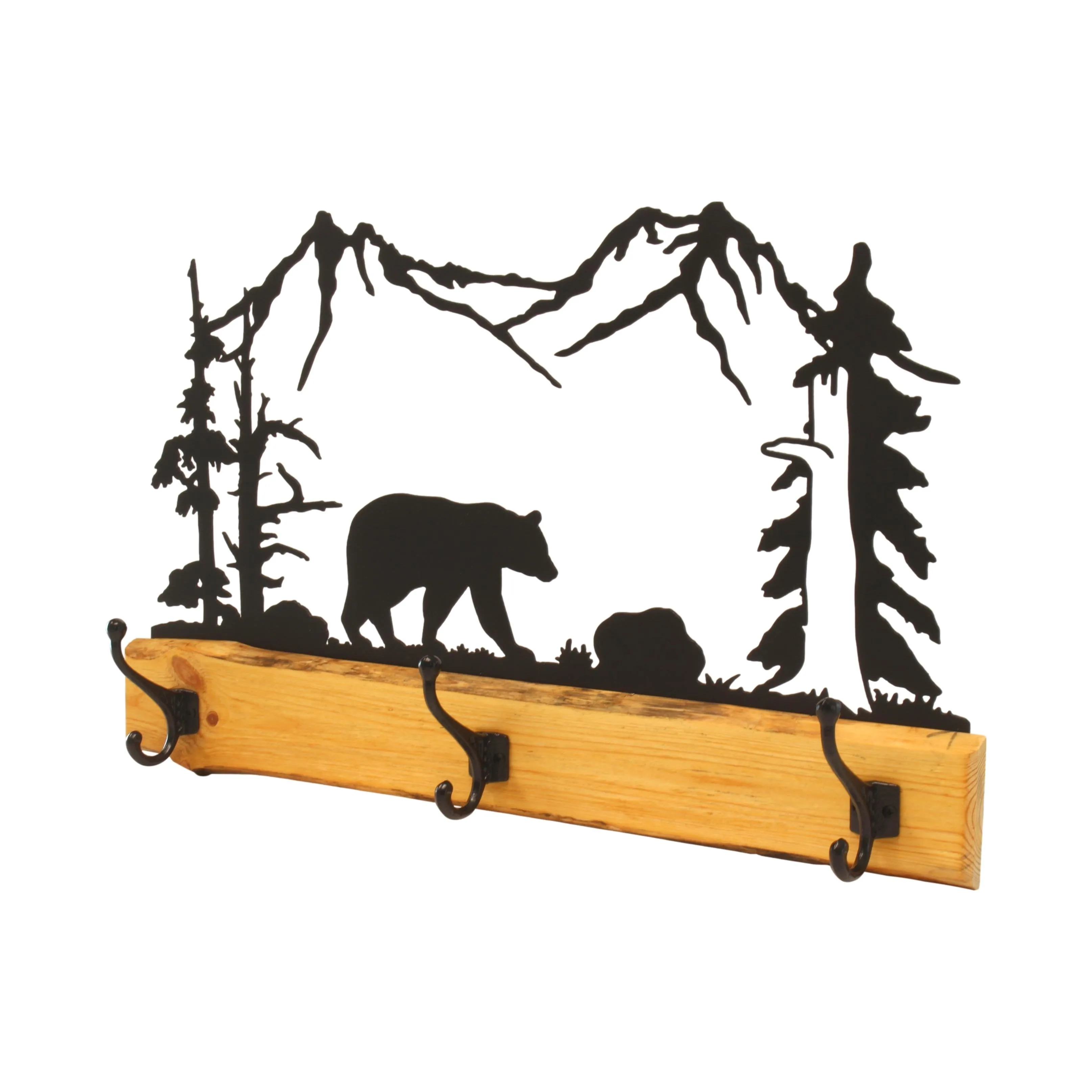 Amish-Made Rustic Coat Rack With 3 Hooks - Pine Wood Coat Hanger with Wilderness Metal Art Silhouette