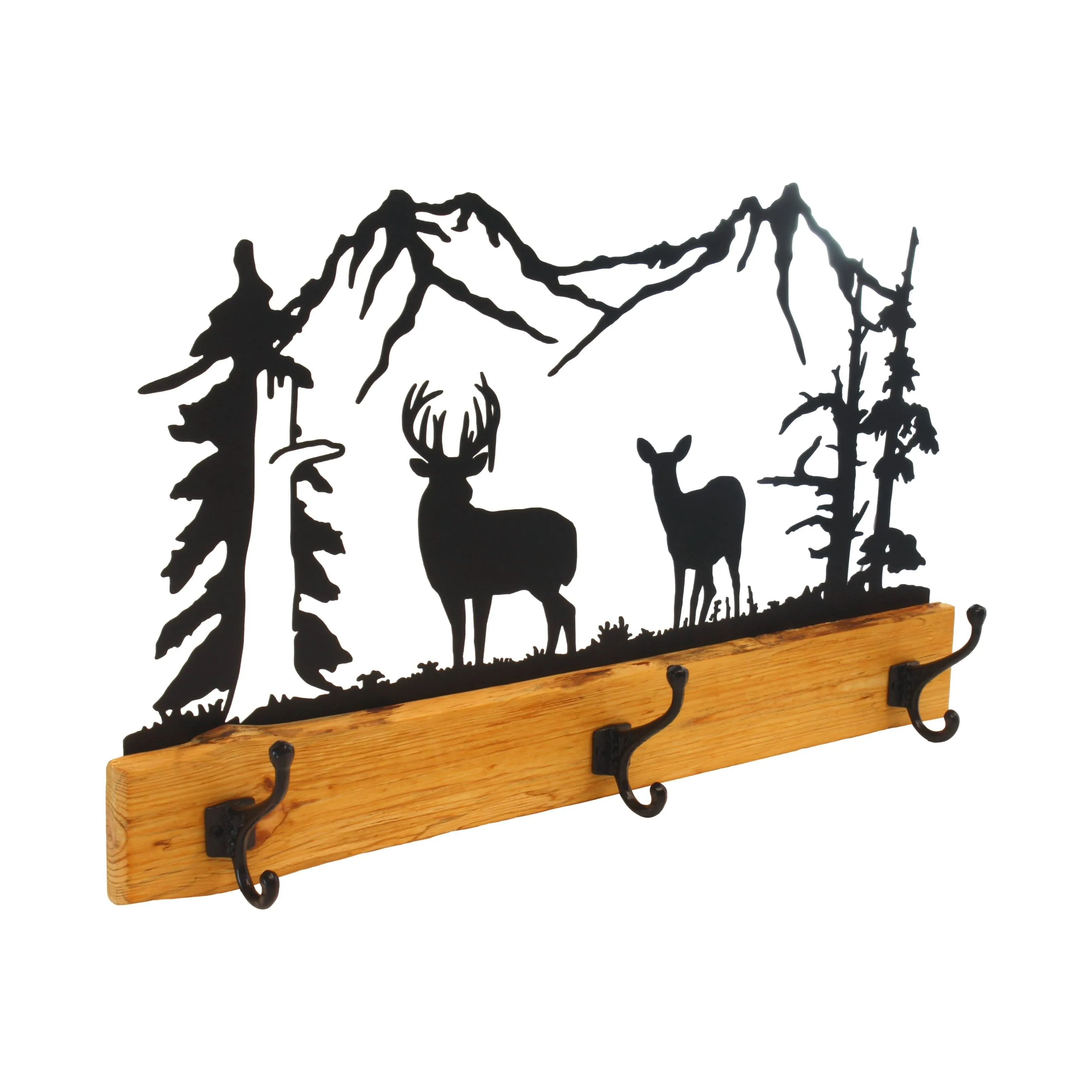 Amish-Made Rustic Coat Rack With 3 Hooks - Pine Wood Coat Hanger with Wilderness Metal Art Silhouette
