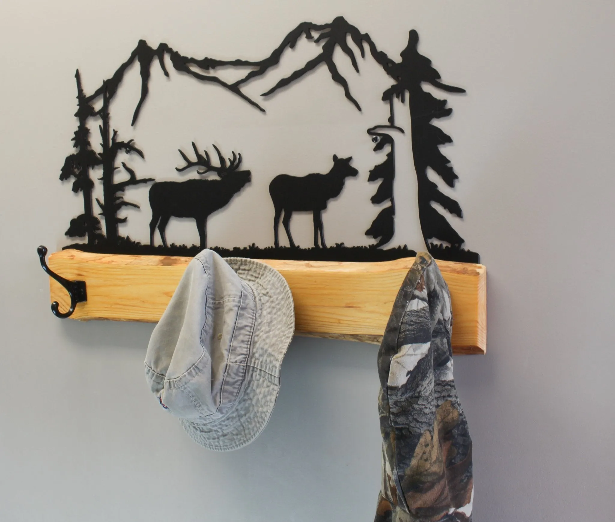 Amish-Made Rustic Coat Rack With 3 Hooks - Pine Wood Coat Hanger with Wilderness Metal Art Silhouette