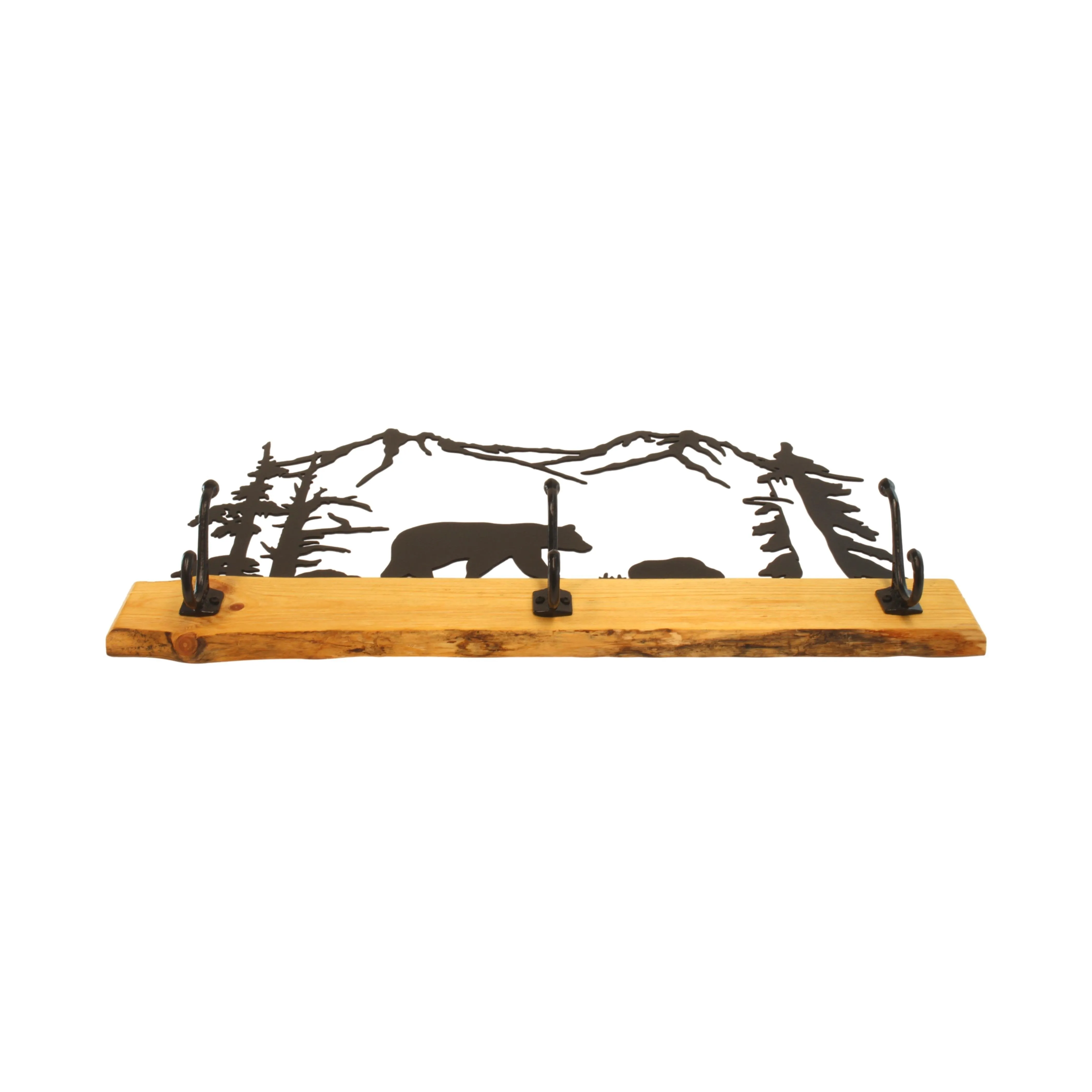Amish-Made Rustic Coat Rack With 3 Hooks - Pine Wood Coat Hanger with Wilderness Metal Art Silhouette
