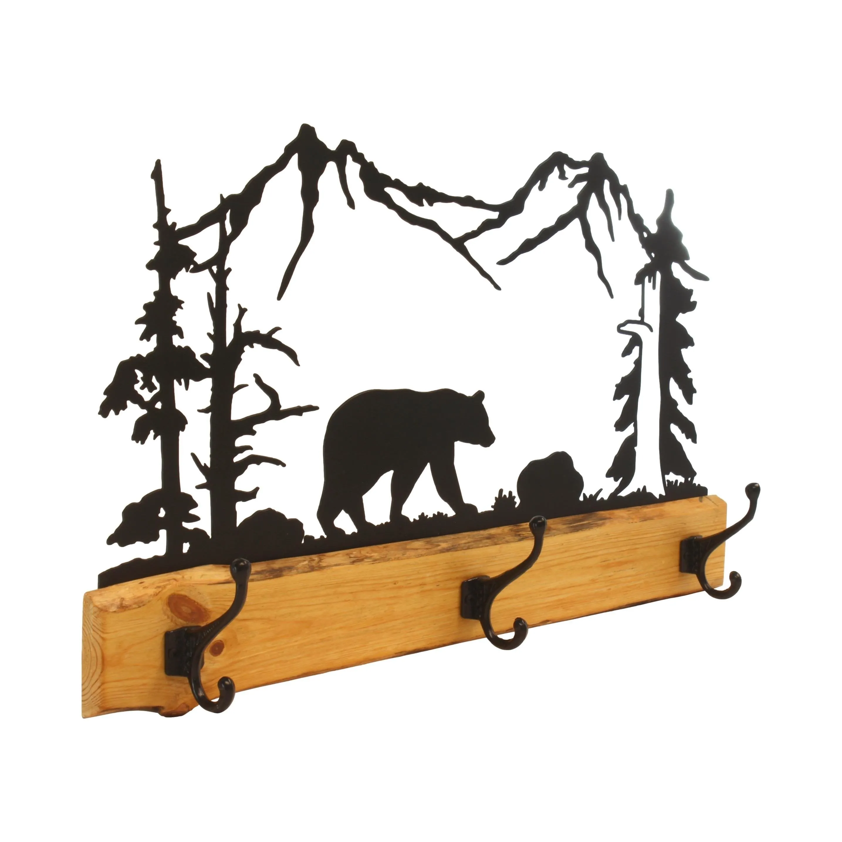 Amish-Made Rustic Coat Rack With 3 Hooks - Pine Wood Coat Hanger with Wilderness Metal Art Silhouette