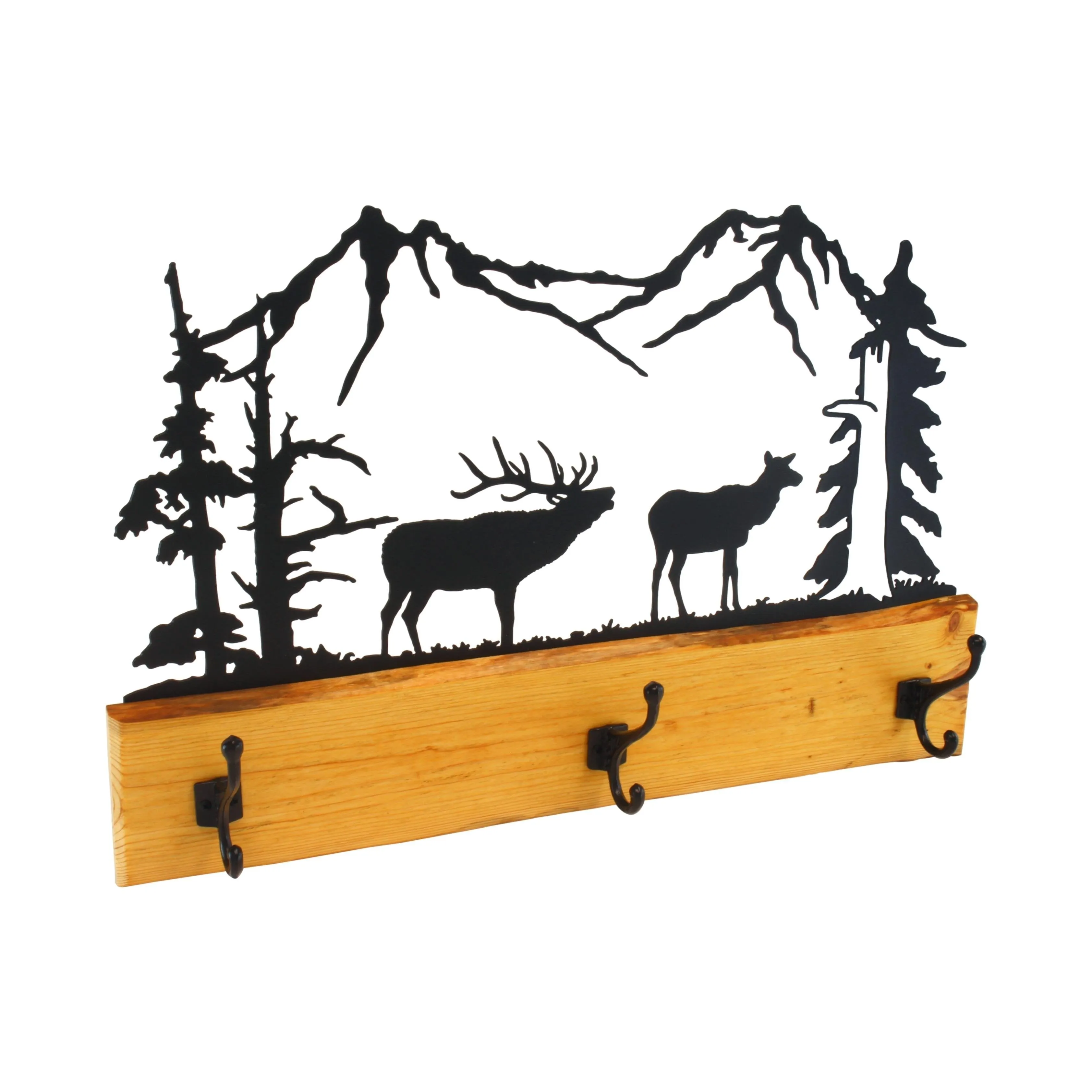 Amish-Made Rustic Coat Rack With 3 Hooks - Pine Wood Coat Hanger with Wilderness Metal Art Silhouette