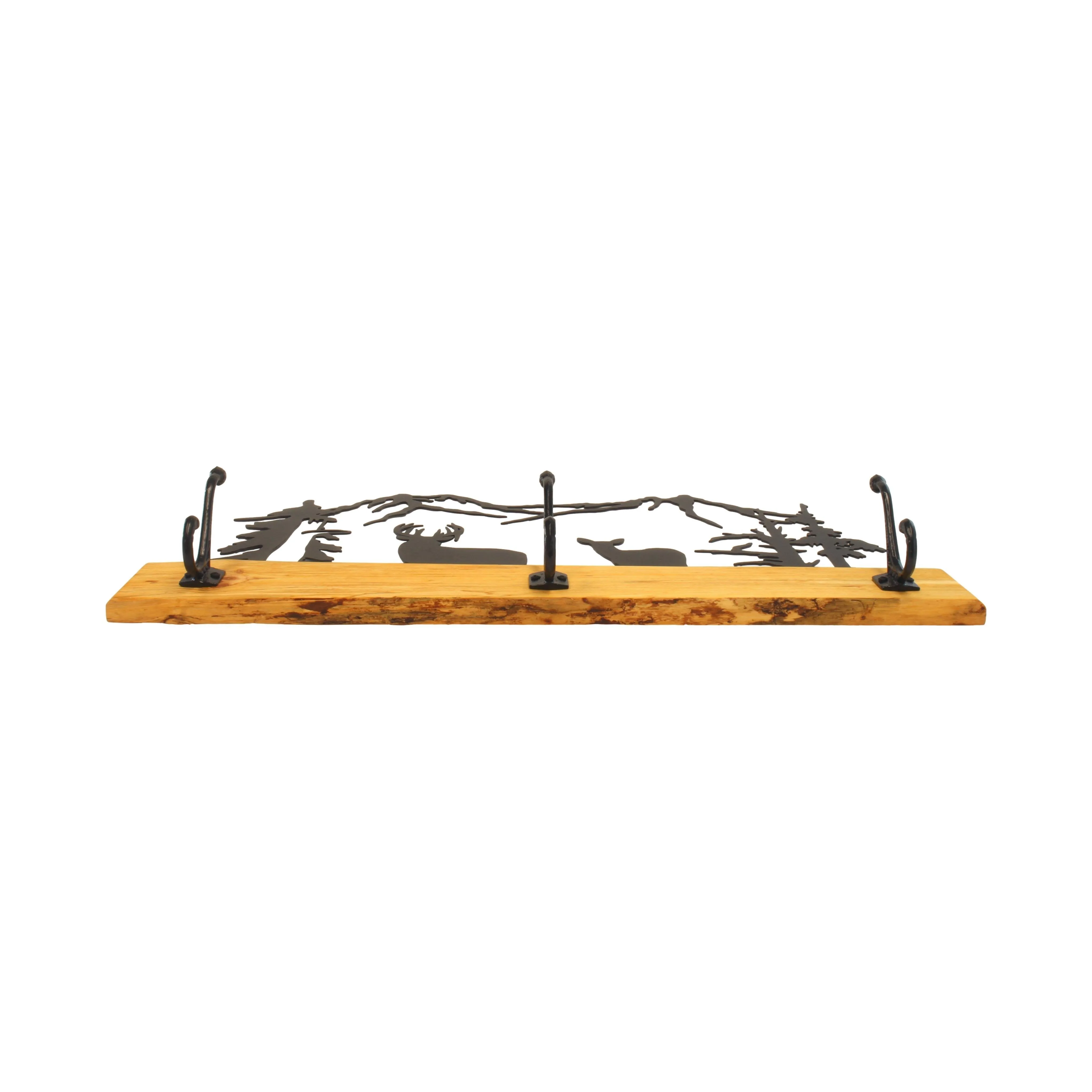 Amish-Made Rustic Coat Rack With 3 Hooks - Pine Wood Coat Hanger with Wilderness Metal Art Silhouette