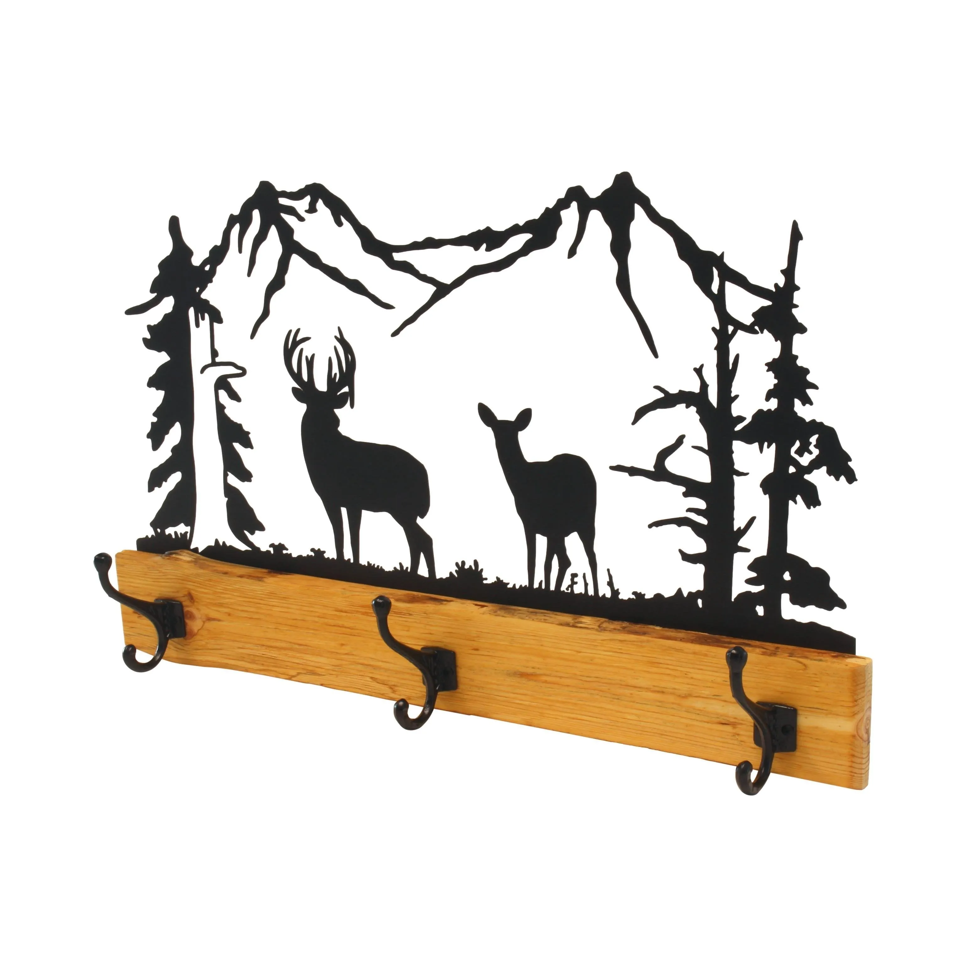 Amish-Made Rustic Coat Rack With 3 Hooks - Pine Wood Coat Hanger with Wilderness Metal Art Silhouette