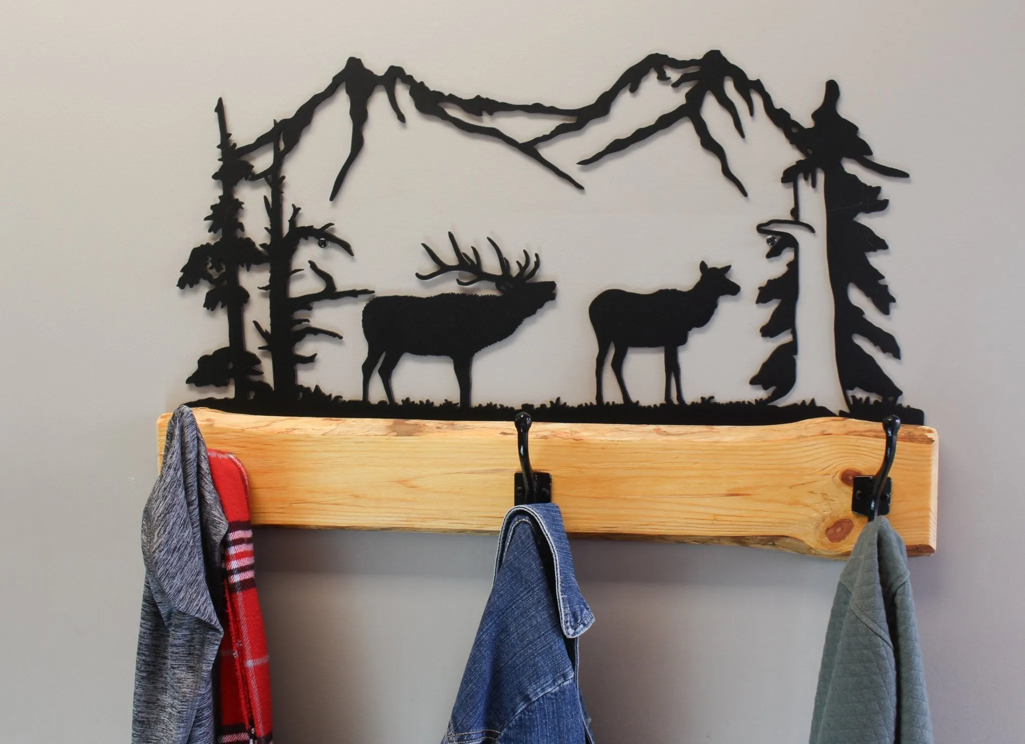 Amish-Made Rustic Coat Rack With 3 Hooks - Pine Wood Coat Hanger with Wilderness Metal Art Silhouette