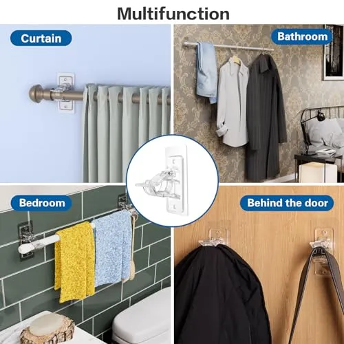 ANDGOO 4 Pack No Drill Curtain Rod Brackets, Holding Up to 17 lbs, PET Self Adhesive Curtain Rod Holders, Adjustable Nail Free Curtain Rod Hooks for Bedroom Bathroom and Living Room