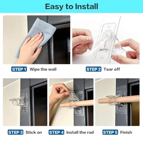 ANDGOO 4 Pack No Drill Curtain Rod Brackets, Holding Up to 17 lbs, PET Self Adhesive Curtain Rod Holders, Adjustable Nail Free Curtain Rod Hooks for Bedroom Bathroom and Living Room