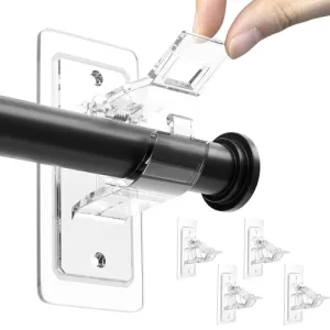 ANDGOO 4 Pack No Drill Curtain Rod Brackets, Holding Up to 17 lbs, PET Self Adhesive Curtain Rod Holders, Adjustable Nail Free Curtain Rod Hooks for Bedroom Bathroom and Living Room