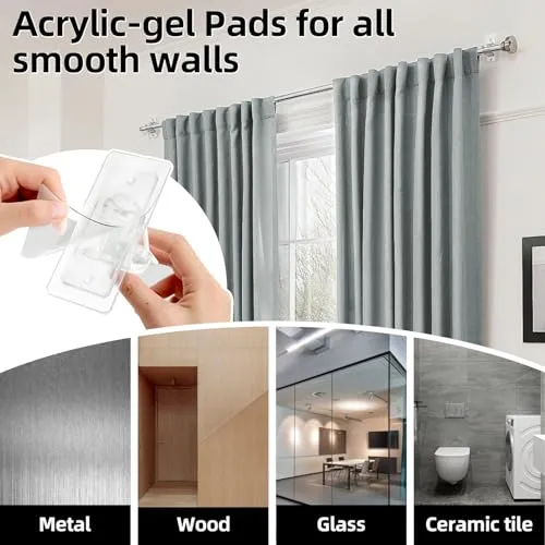 ANDGOO 4 Pack No Drill Curtain Rod Brackets, Holding Up to 17 lbs, PET Self Adhesive Curtain Rod Holders, Adjustable Nail Free Curtain Rod Hooks for Bedroom Bathroom and Living Room