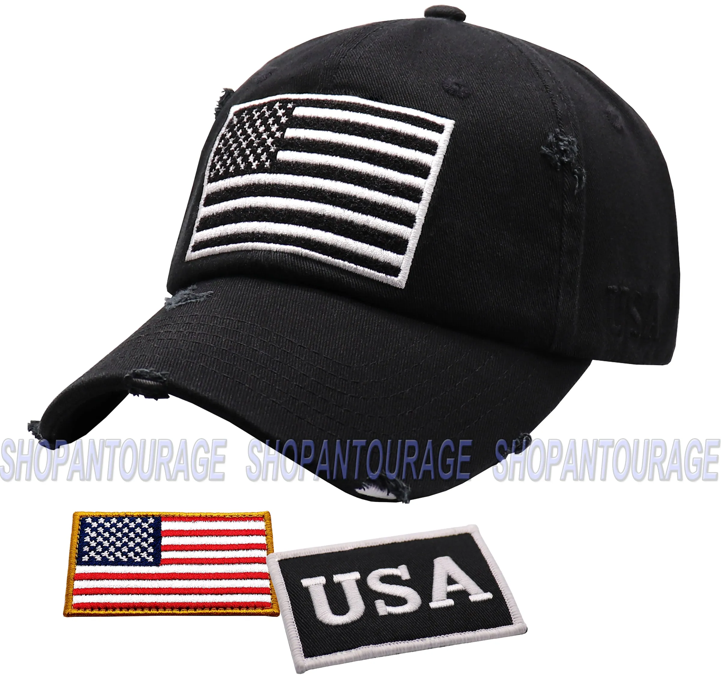 Antourage American Flag Hat for Men and Women | Vintage Baseball Tactical Hat Cap with USA Flag   2 Patriotic Patches - Black/White