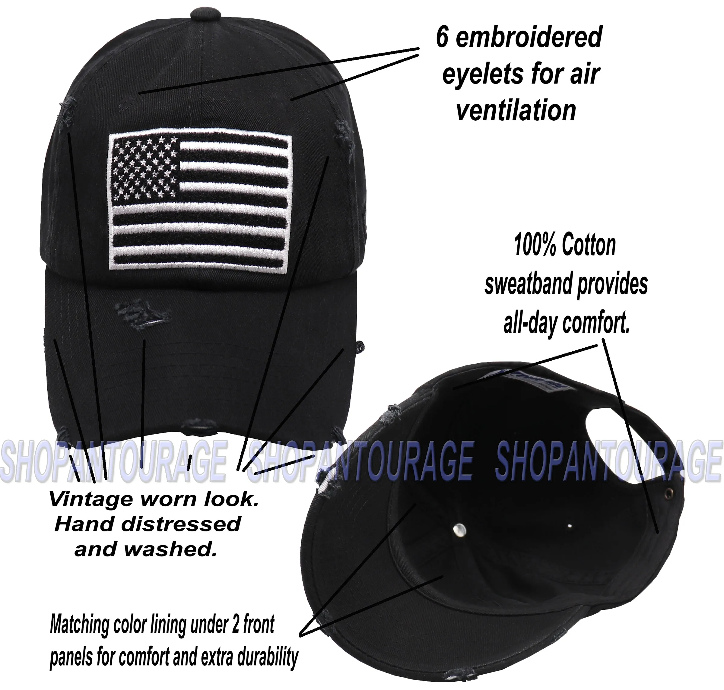Antourage American Flag Hat for Men and Women | Vintage Baseball Tactical Hat Cap with USA Flag   2 Patriotic Patches - Black/White