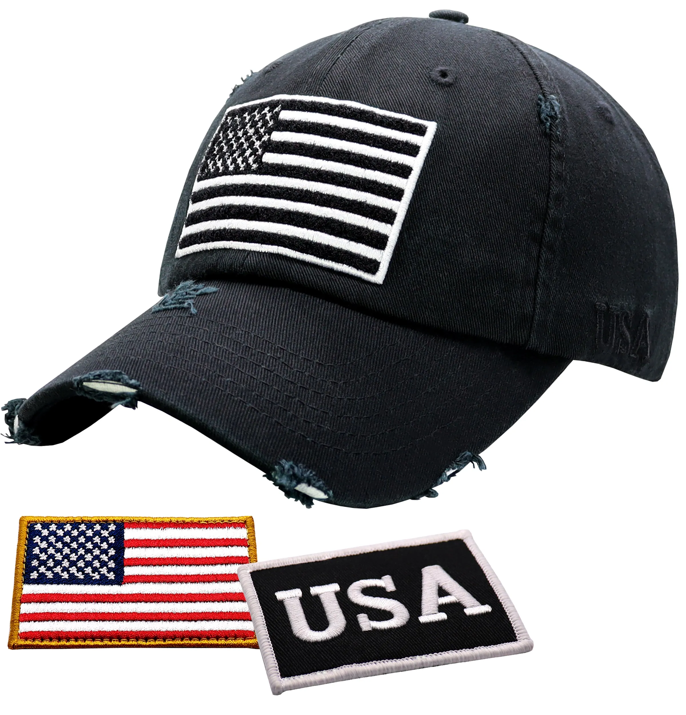 Antourage American Flag Hat for Men and Women | Vintage Baseball Tactical Hat Cap with USA Flag   2 Patriotic Patches - Black/White