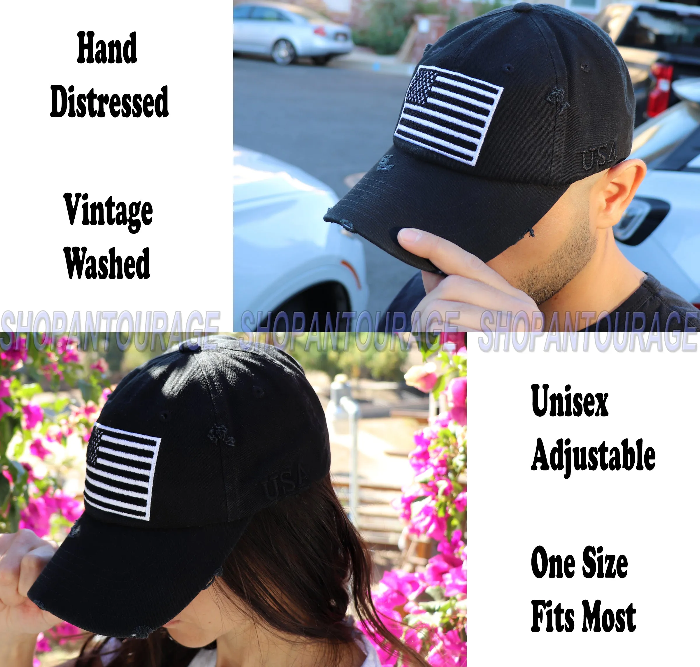 Antourage American Flag Hat for Men and Women | Vintage Baseball Tactical Hat Cap with USA Flag   2 Patriotic Patches - Black/White