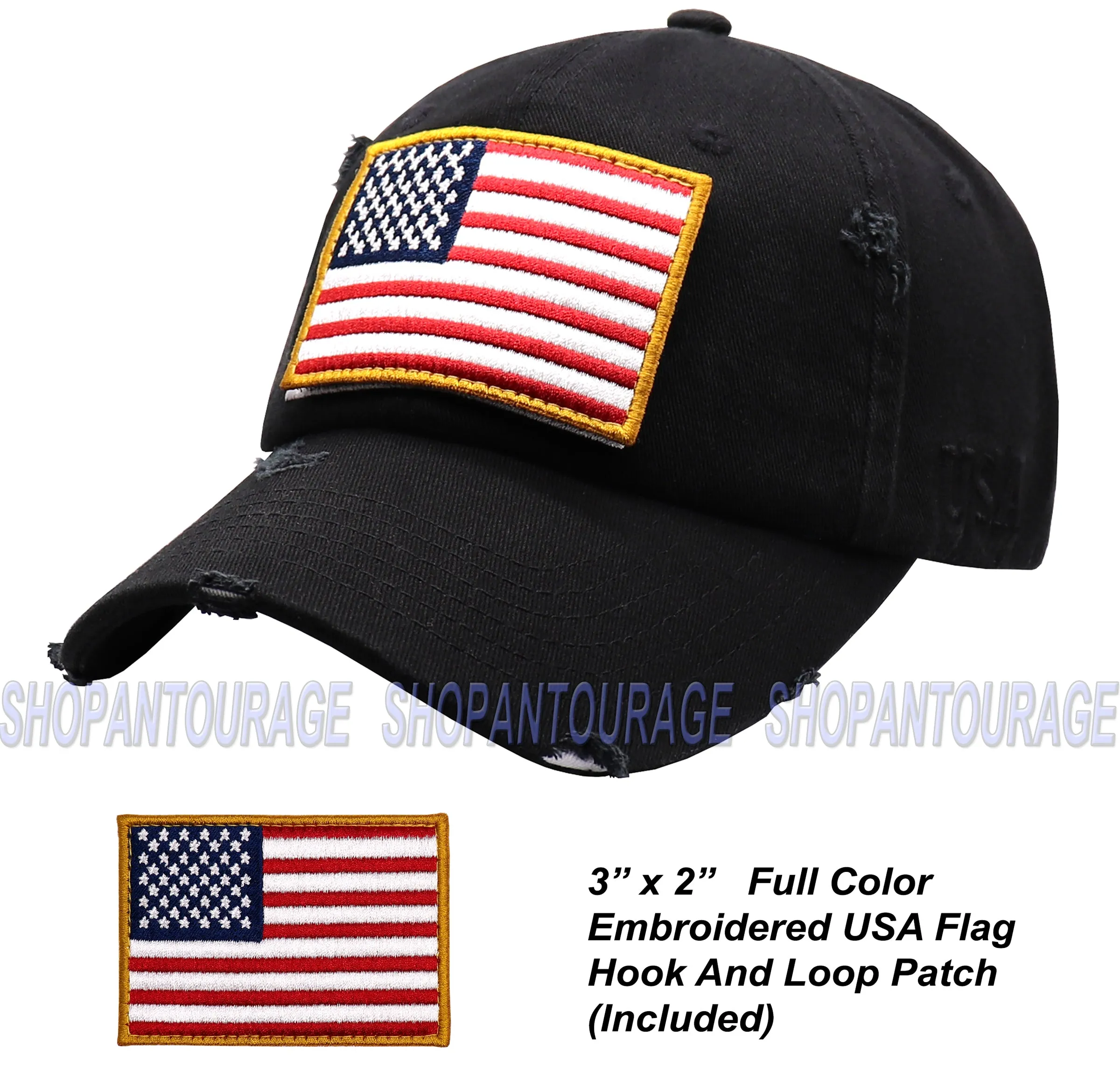Antourage American Flag Hat for Men and Women | Vintage Baseball Tactical Hat Cap with USA Flag   2 Patriotic Patches - Black/White