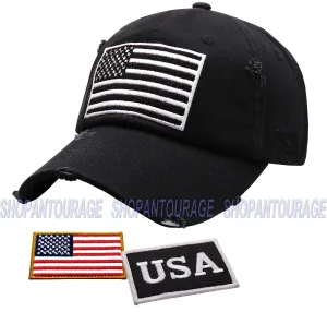Antourage American Flag Hat for Men and Women | Vintage Baseball Tactical Hat Cap with USA Flag   2 Patriotic Patches - Black/White