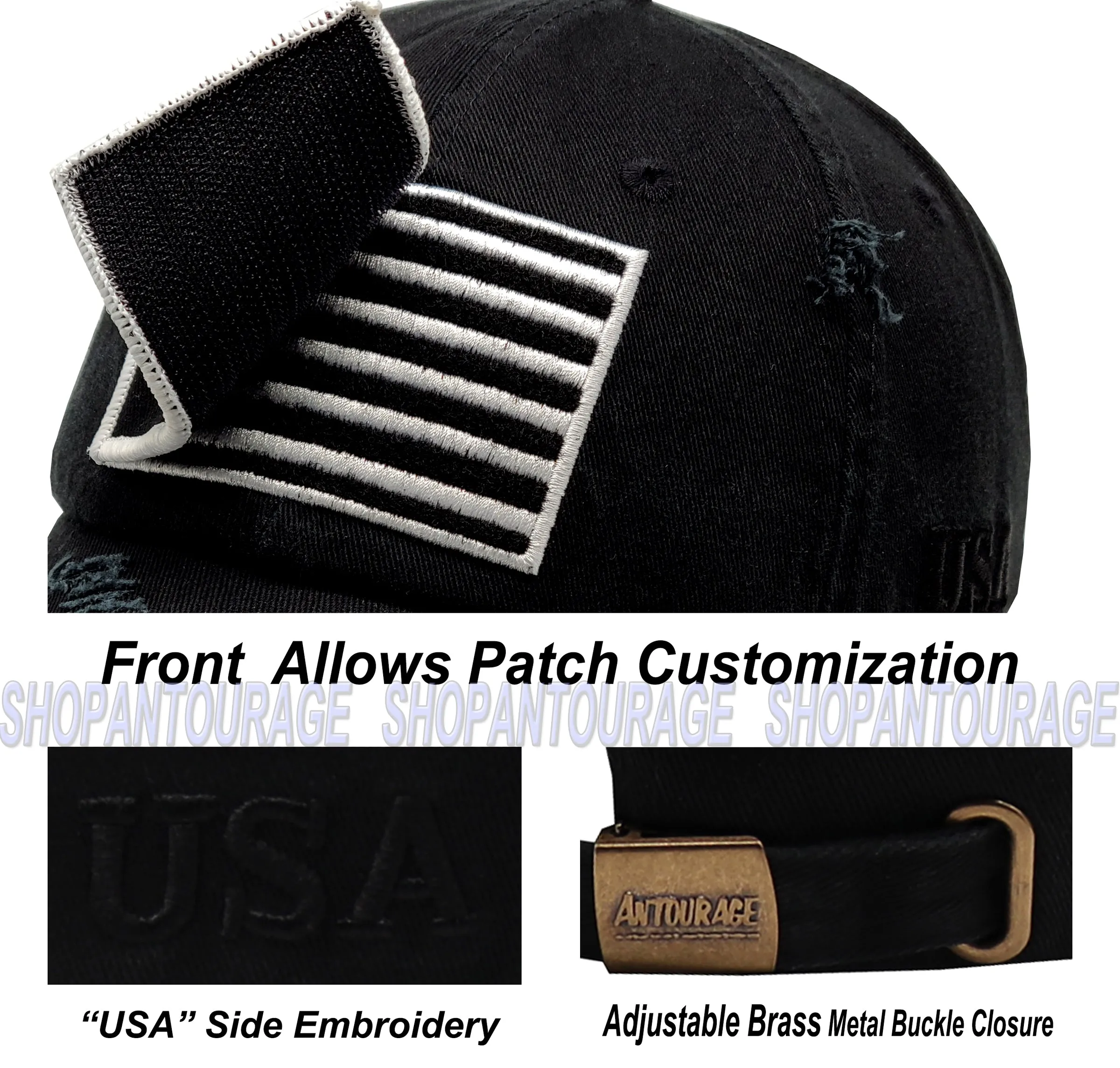 Antourage American Flag Hat for Men and Women | Vintage Baseball Tactical Hat Cap with USA Flag   2 Patriotic Patches - Black/White