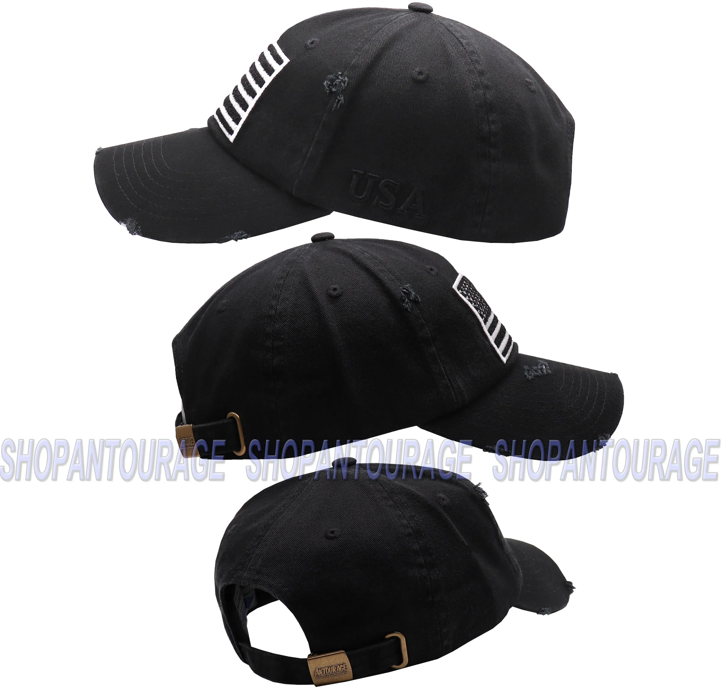 Antourage American Flag Hat for Men and Women | Vintage Baseball Tactical Hat Cap with USA Flag   2 Patriotic Patches - Black/White