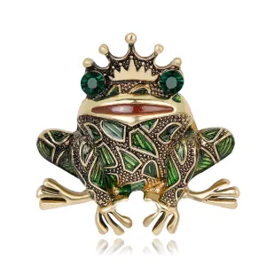 AOCHEE Vintage Big Metal Rhinestone Frog Brooch Enamel Green Crown Frog Brooch Pin Jewelry Style1
