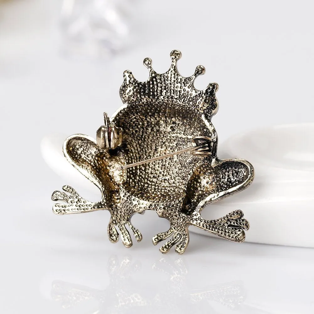 AOCHEE Vintage Big Metal Rhinestone Frog Brooch Enamel Green Crown Frog Brooch Pin Jewelry Style1