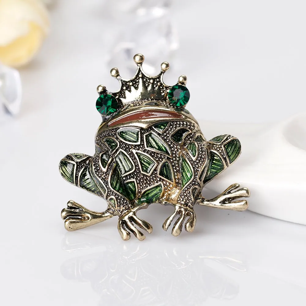 AOCHEE Vintage Big Metal Rhinestone Frog Brooch Enamel Green Crown Frog Brooch Pin Jewelry Style1