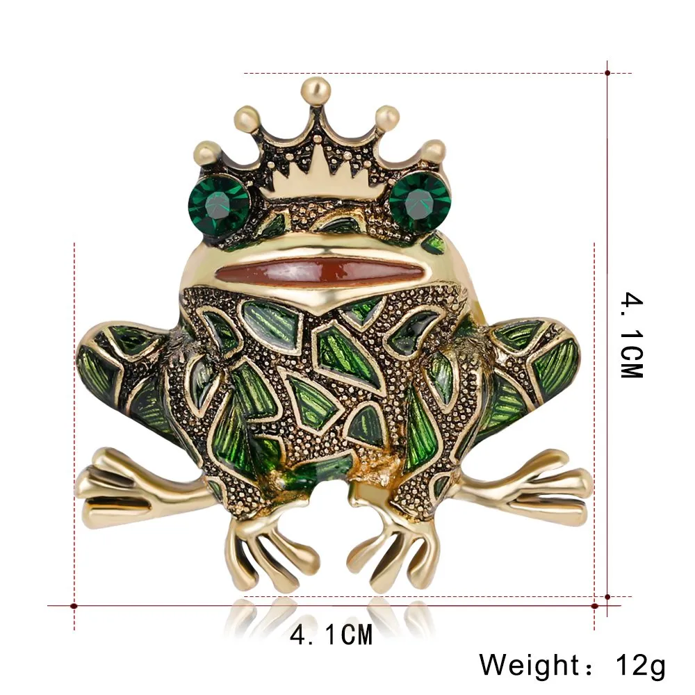 AOCHEE Vintage Big Metal Rhinestone Frog Brooch Enamel Green Crown Frog Brooch Pin Jewelry Style1