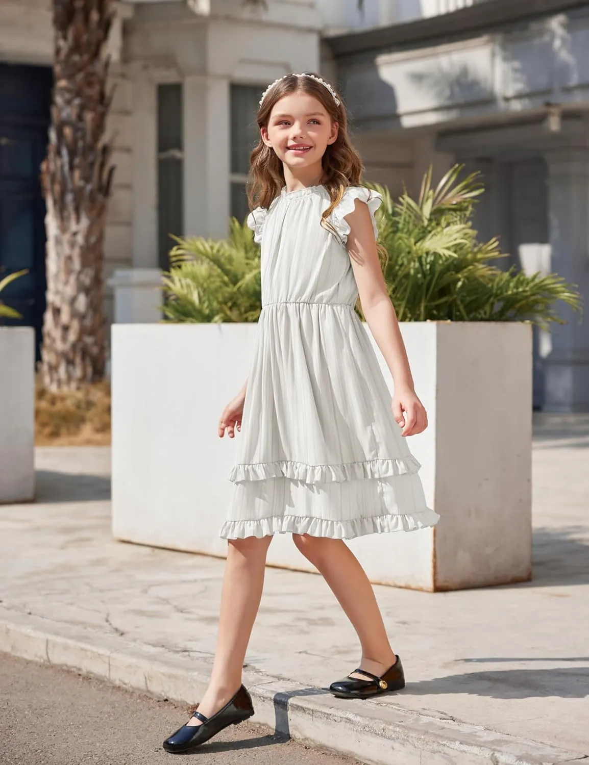 Arshiner Girls Dresses Summer Boho Crewneck Ruffle Hem Elegant Dress