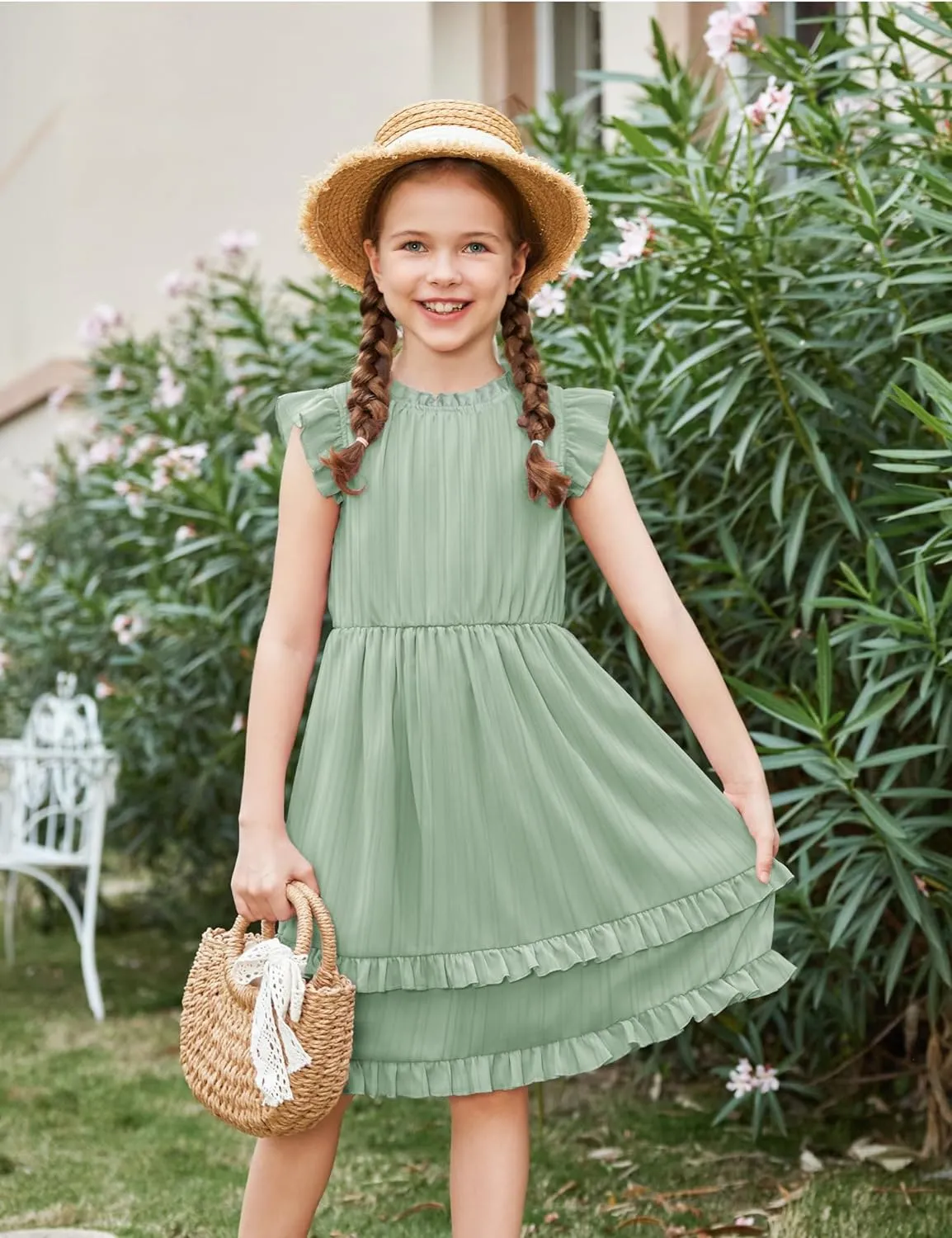 Arshiner Girls Dresses Summer Boho Crewneck Ruffle Hem Elegant Dress