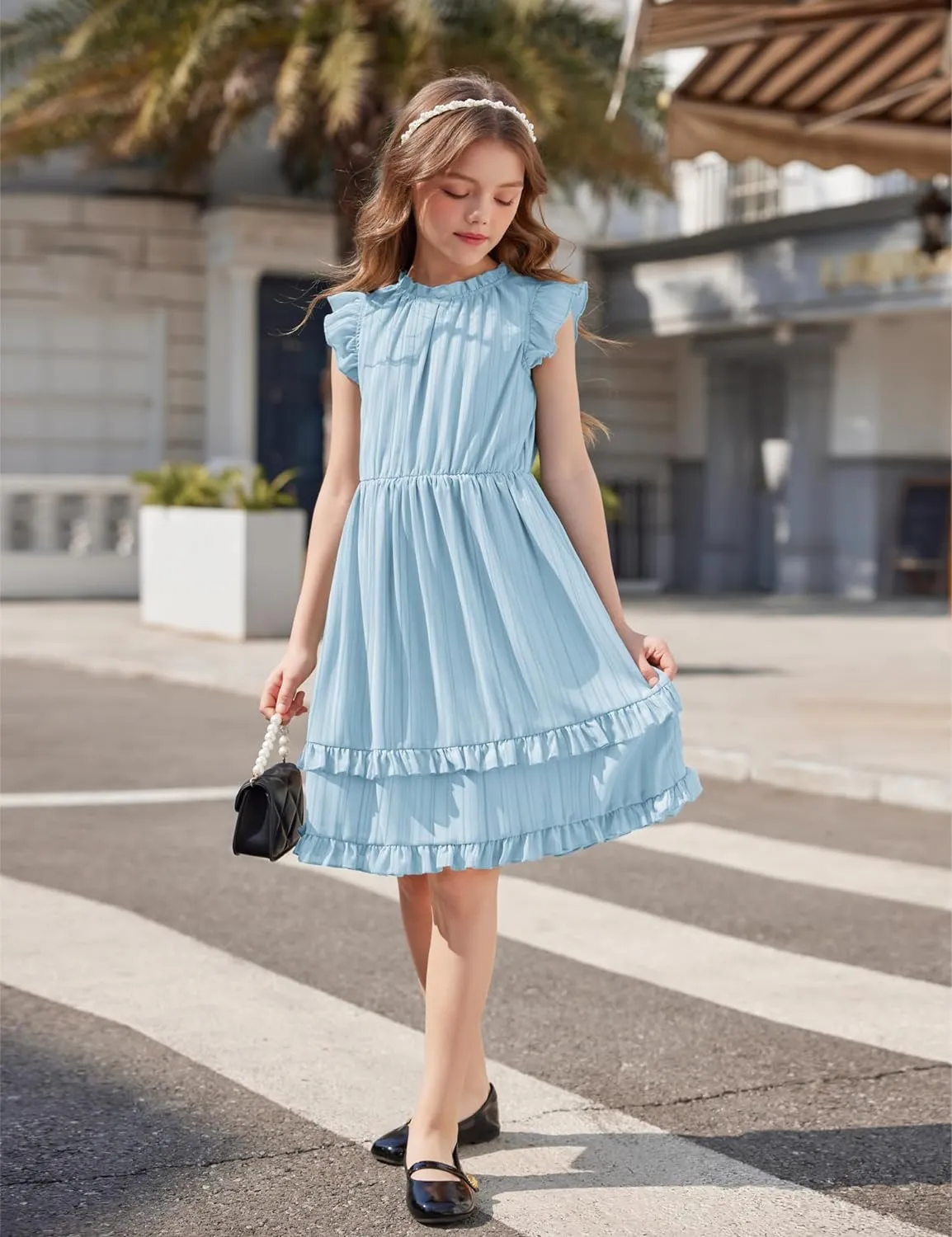 Arshiner Girls Dresses Summer Boho Crewneck Ruffle Hem Elegant Dress