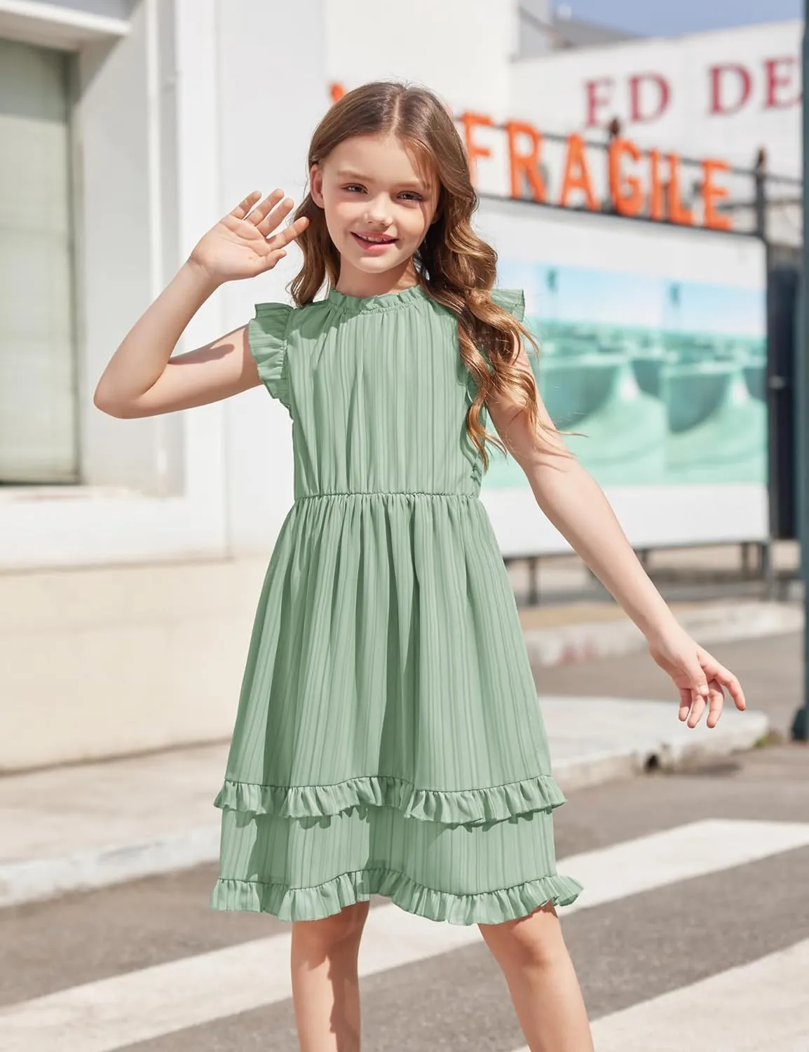 Arshiner Girls Dresses Summer Boho Crewneck Ruffle Hem Elegant Dress
