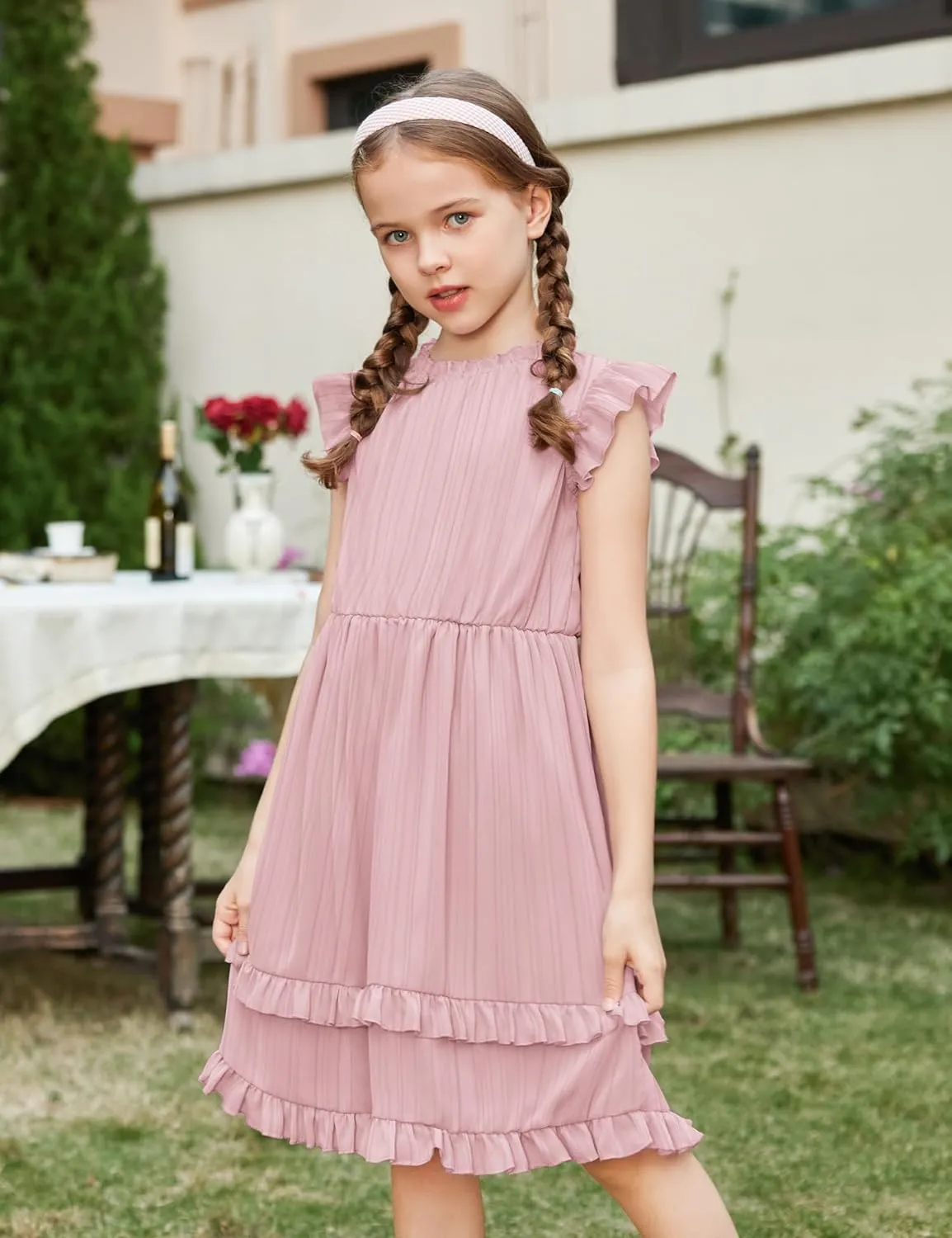 Arshiner Girls Dresses Summer Boho Crewneck Ruffle Hem Elegant Dress