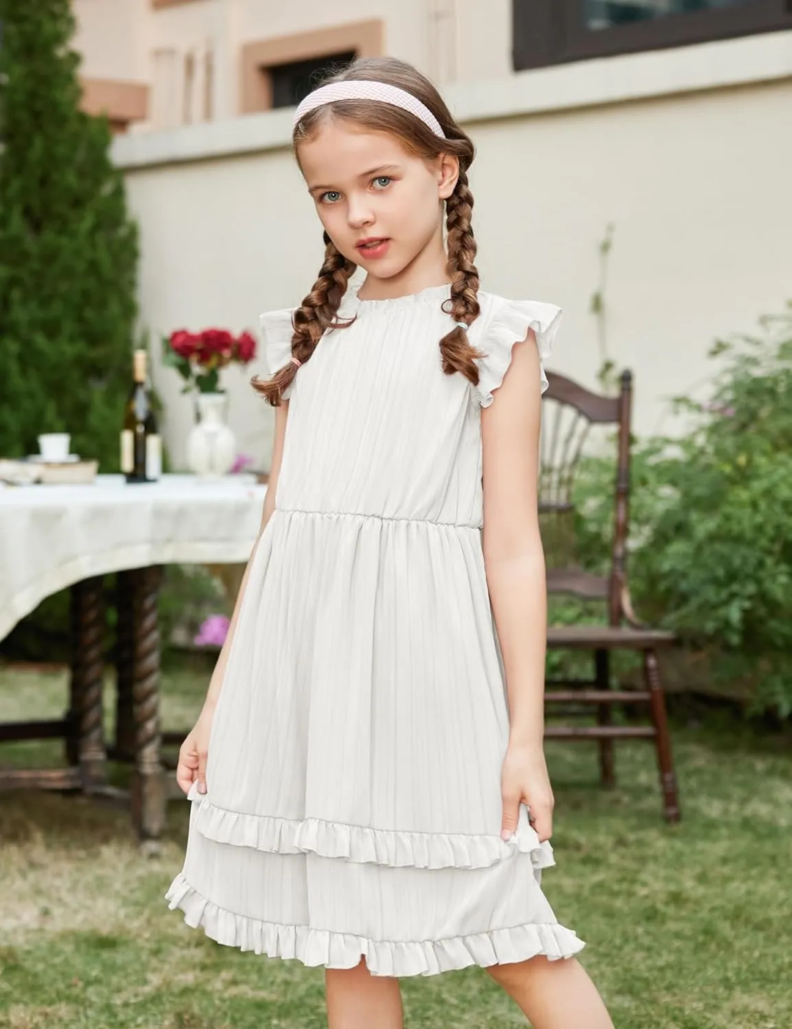 Arshiner Girls Dresses Summer Boho Crewneck Ruffle Hem Elegant Dress