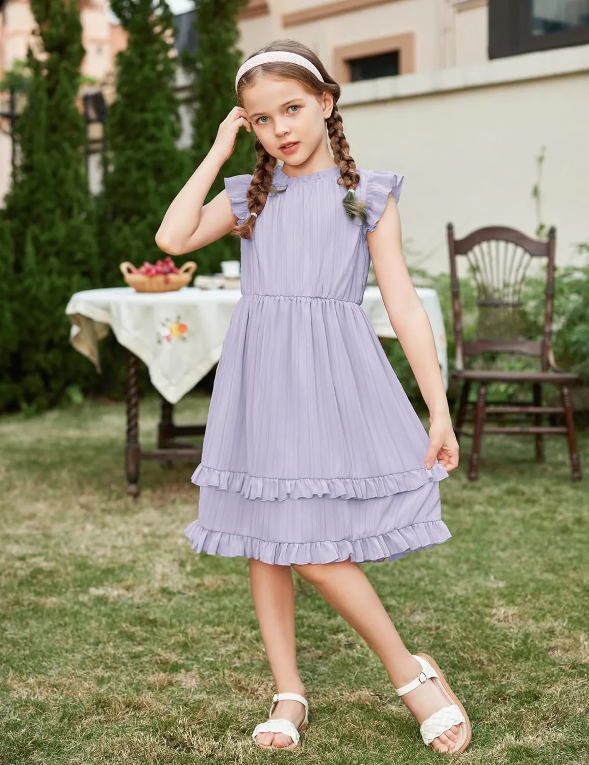 Arshiner Girls Dresses Summer Boho Crewneck Ruffle Hem Elegant Dress