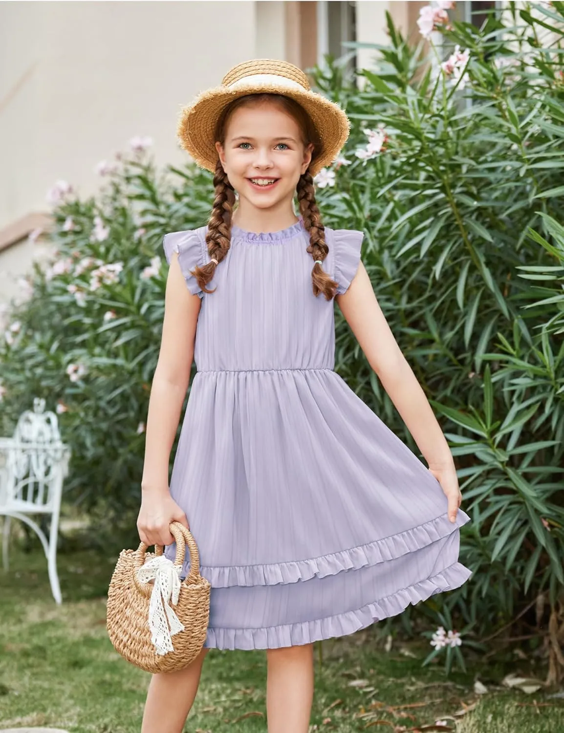 Arshiner Girls Dresses Summer Boho Crewneck Ruffle Hem Elegant Dress