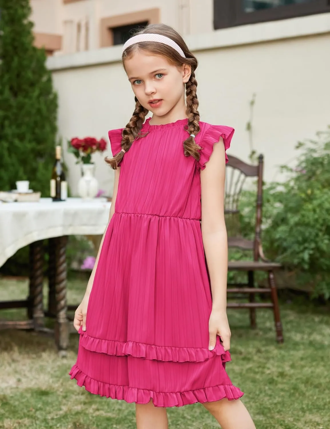 Arshiner Girls Dresses Summer Boho Crewneck Ruffle Hem Elegant Dress