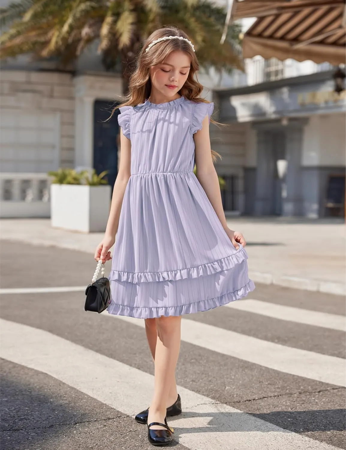 Arshiner Girls Dresses Summer Boho Crewneck Ruffle Hem Elegant Dress