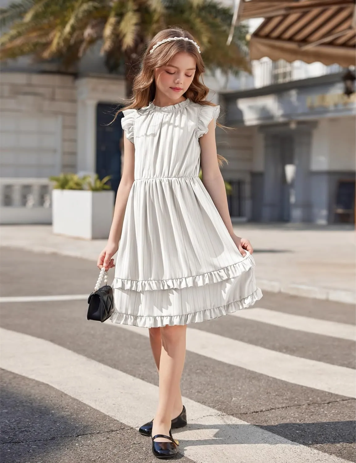 Arshiner Girls Dresses Summer Boho Crewneck Ruffle Hem Elegant Dress