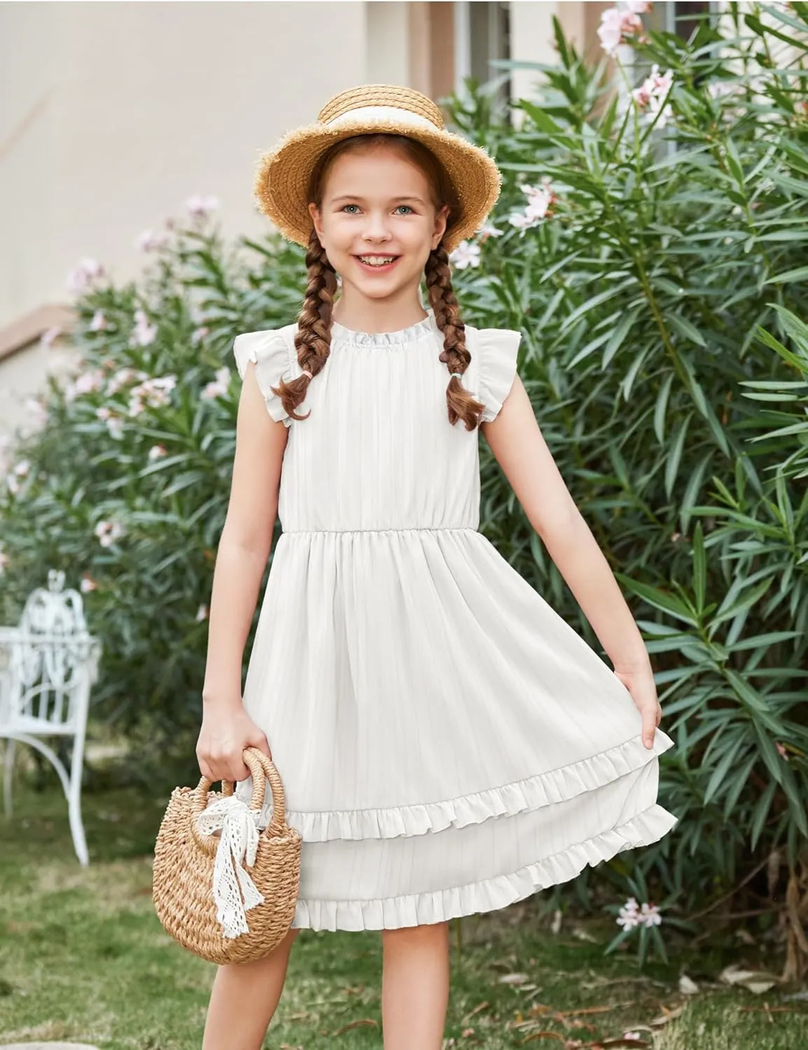 Arshiner Girls Dresses Summer Boho Crewneck Ruffle Hem Elegant Dress