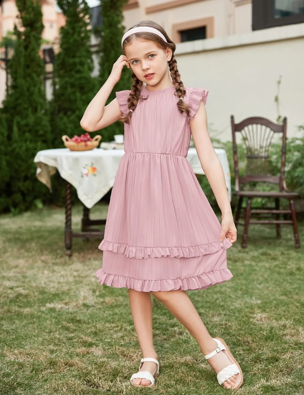 Arshiner Girls Dresses Summer Boho Crewneck Ruffle Hem Elegant Dress