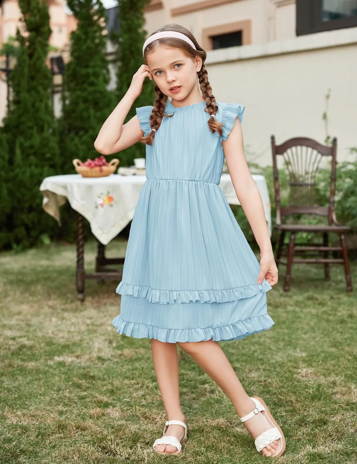 Arshiner Girls Dresses Summer Boho Crewneck Ruffle Hem Elegant Dress