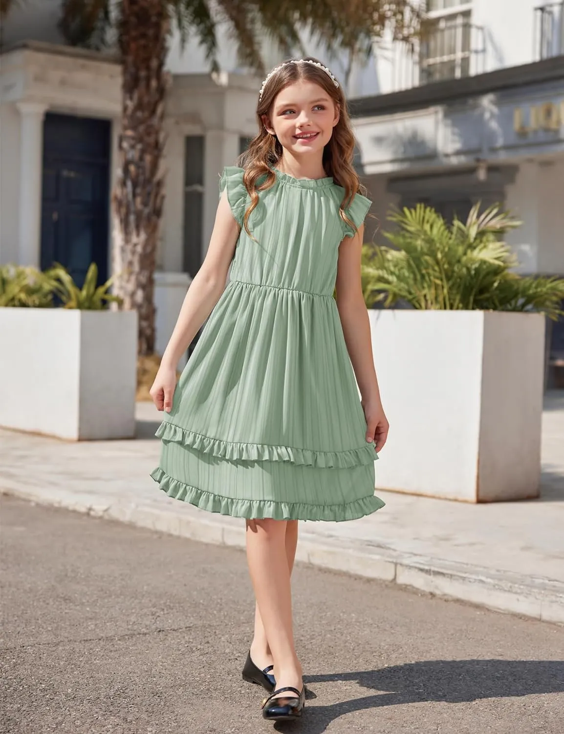 Arshiner Girls Dresses Summer Boho Crewneck Ruffle Hem Elegant Dress