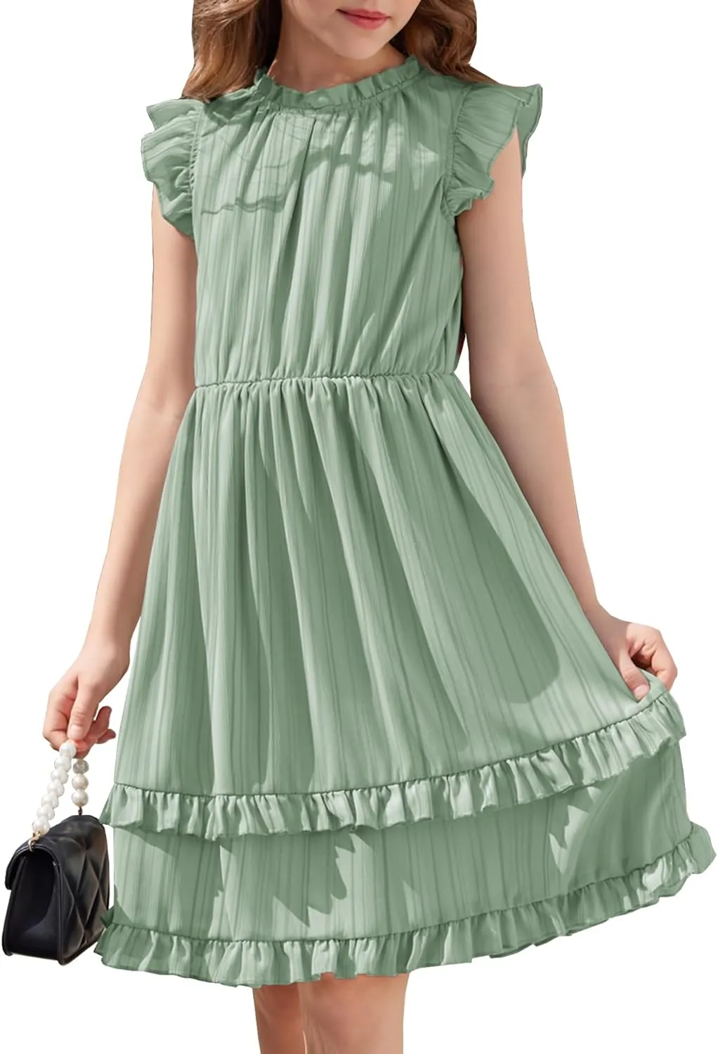 Arshiner Girls Dresses Summer Boho Crewneck Ruffle Hem Elegant Dress