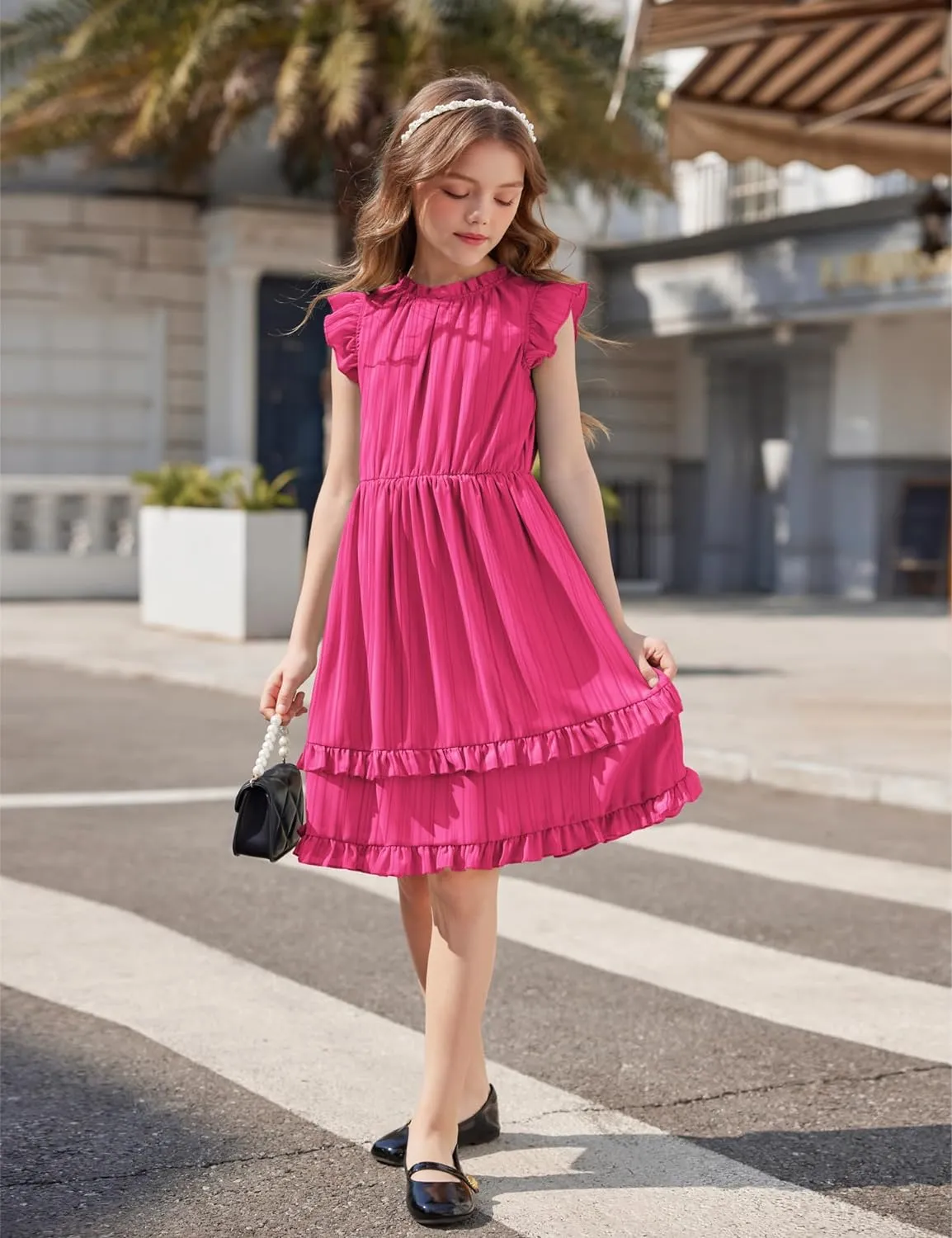 Arshiner Girls Dresses Summer Boho Crewneck Ruffle Hem Elegant Dress
