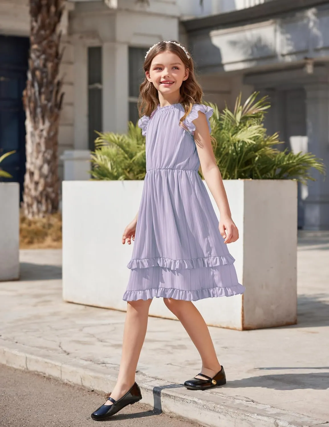 Arshiner Girls Dresses Summer Boho Crewneck Ruffle Hem Elegant Dress