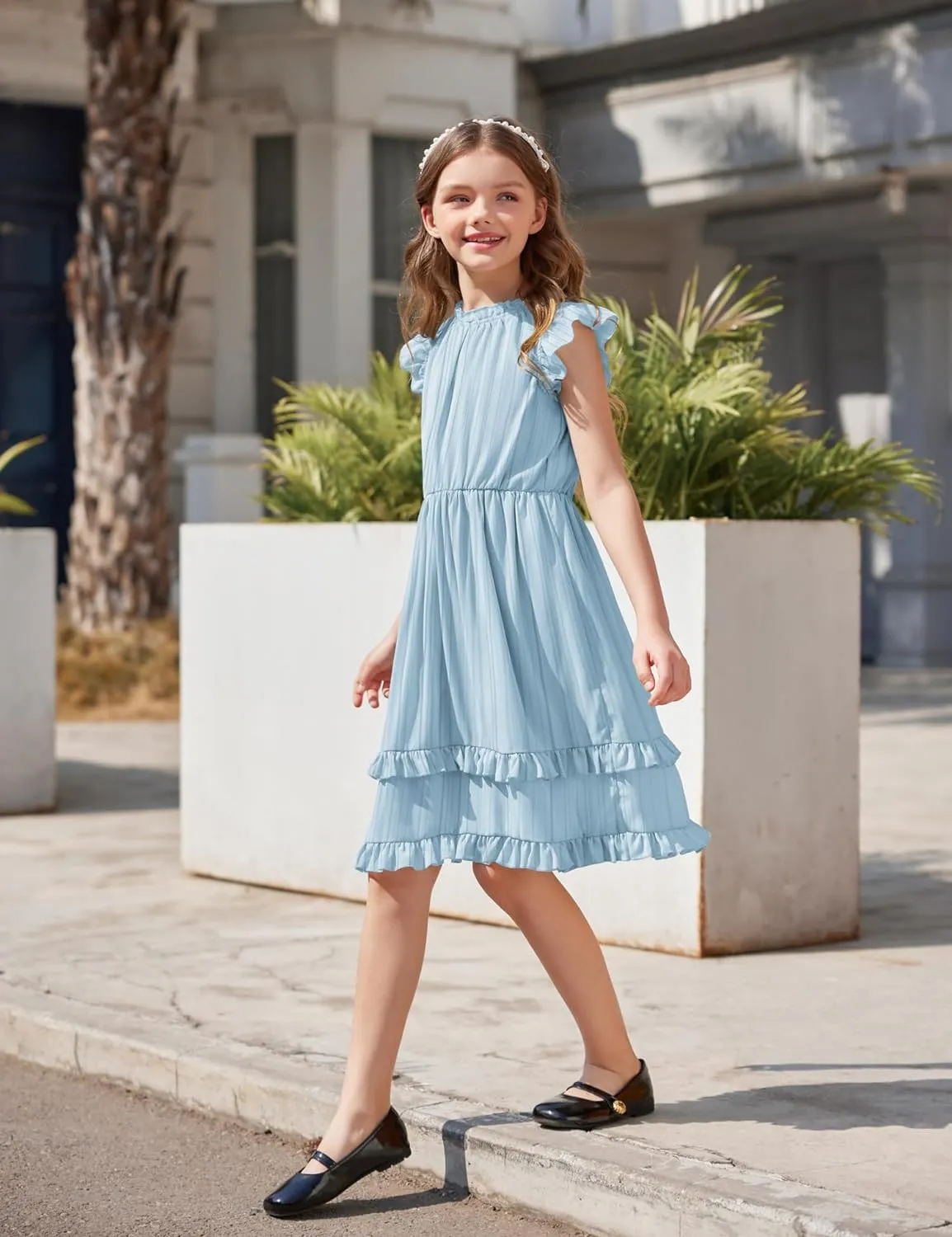Arshiner Girls Dresses Summer Boho Crewneck Ruffle Hem Elegant Dress