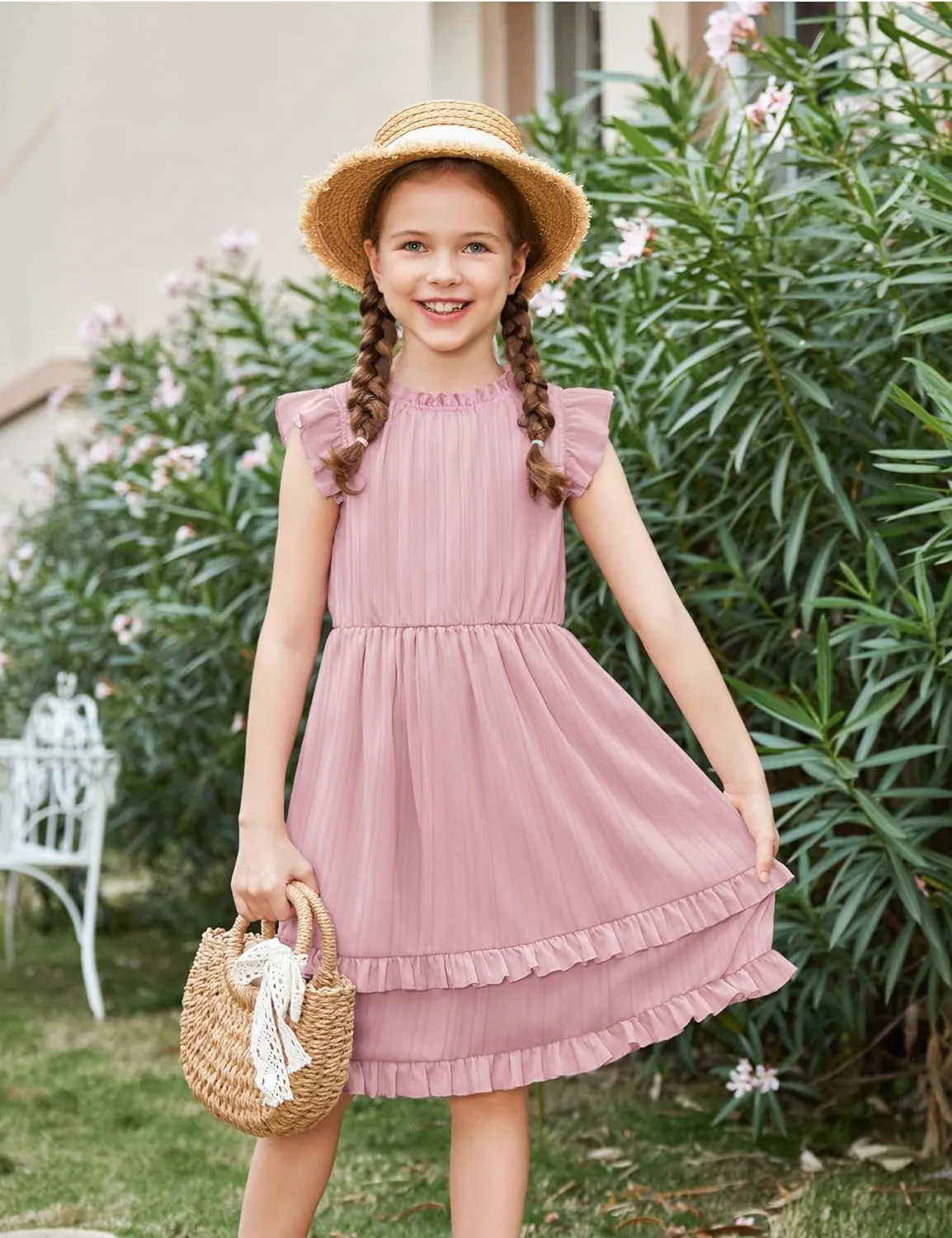 Arshiner Girls Dresses Summer Boho Crewneck Ruffle Hem Elegant Dress