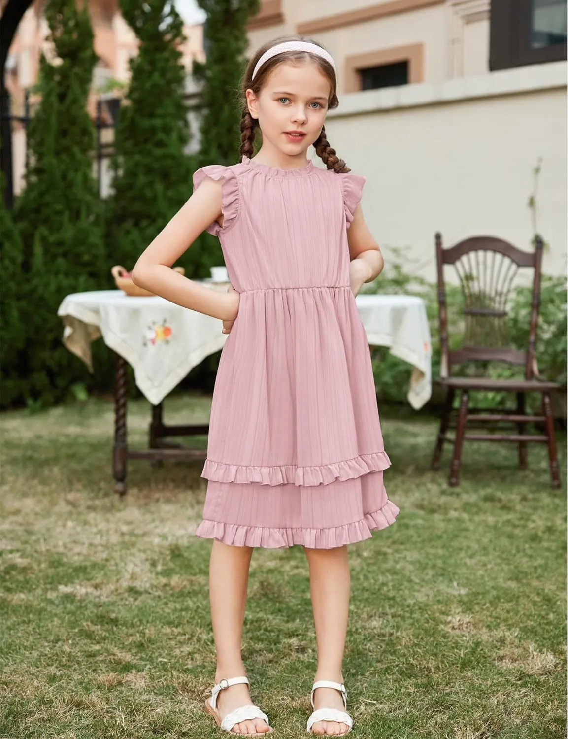 Arshiner Girls Dresses Summer Boho Crewneck Ruffle Hem Elegant Dress