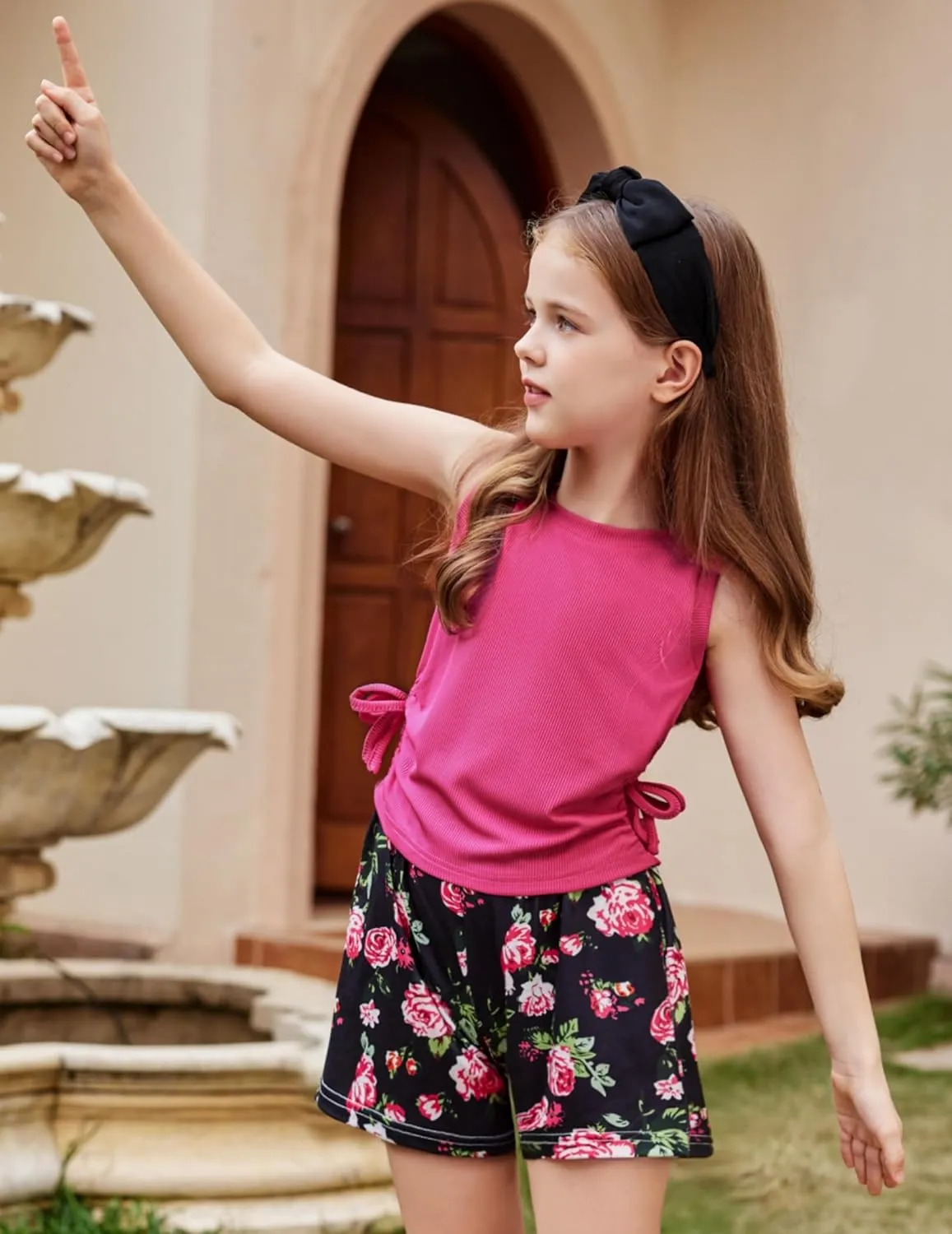 Arshiner Girls Sets 2 Piece Outfits Knit Ruched Knot Side Tank Top and Shorts