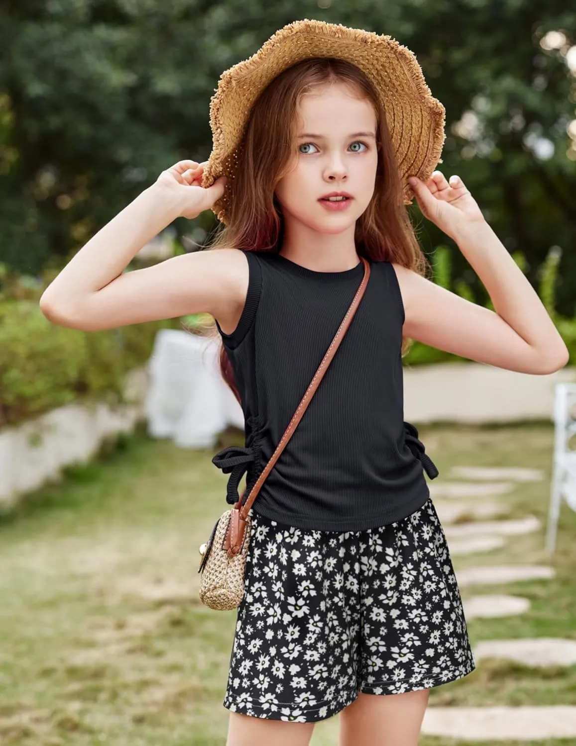 Arshiner Girls Sets 2 Piece Outfits Knit Ruched Knot Side Tank Top and Shorts