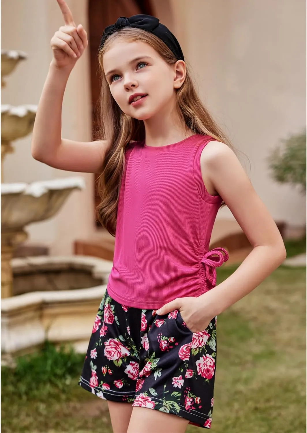 Arshiner Girls Sets 2 Piece Outfits Knit Ruched Knot Side Tank Top and Shorts